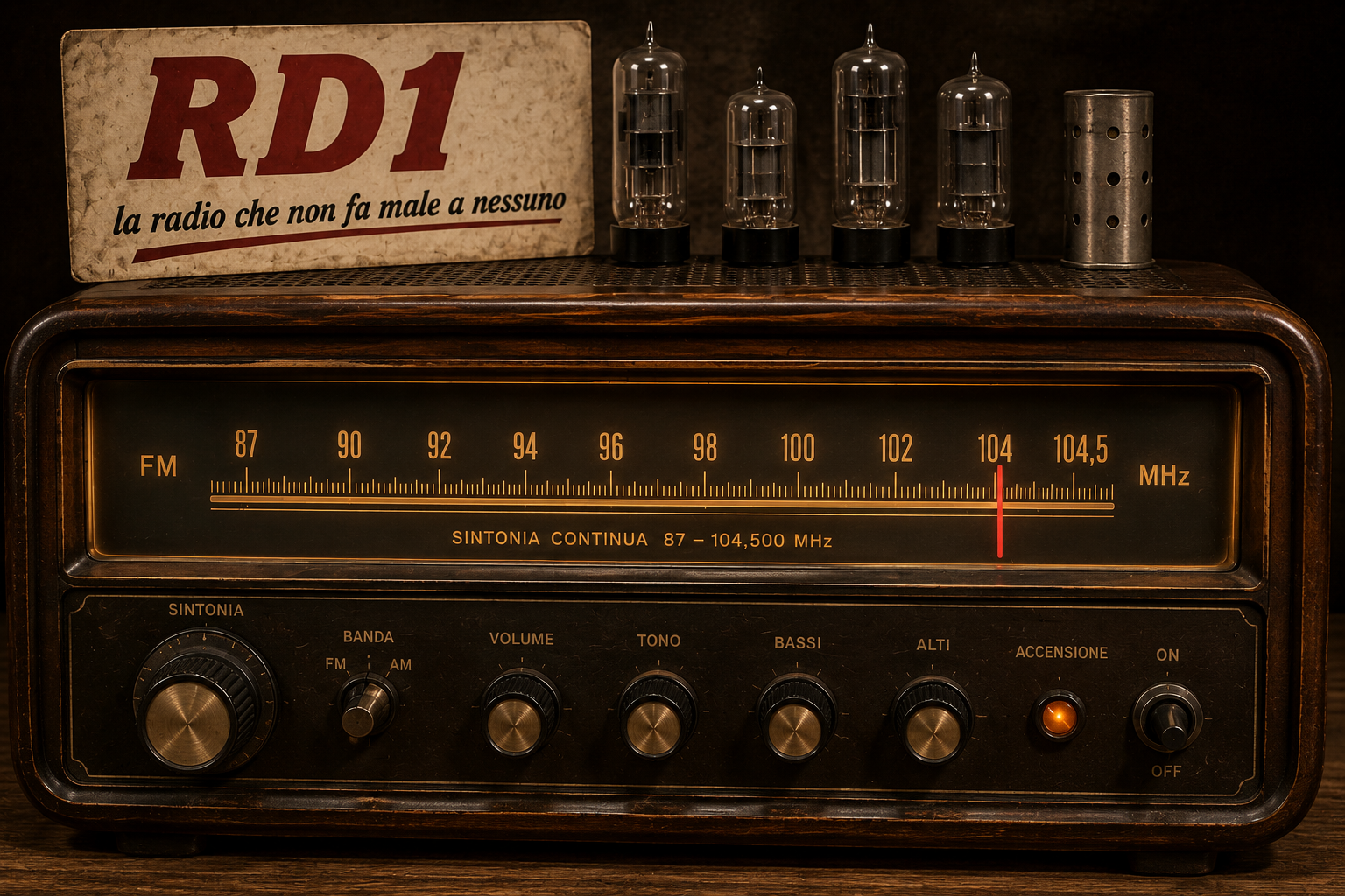 Radio vintage sintonizzata sui 104,300 MHz di Radio Dogana 1